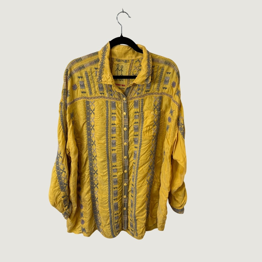 Johnny Was Pete & Greta Embroidered Button Down Top Yellow Boho Fall Layering XL